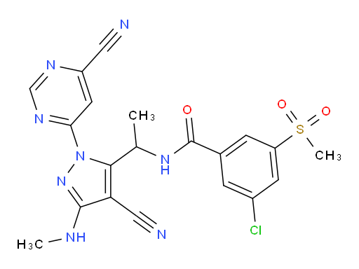 3-chloro-N-(1-(4-cyano-1-(6-cyanopyrimidin-4-yl)-3-(methylamino)-1H-pyrazol-5-yl)ethyl)-5-(methylsulfonyl)benzamide