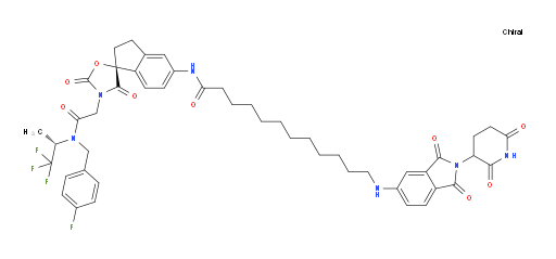 Spiro[1H-indene-1,5′-oxazolidine]-3′-acetamide, 5-[[12-[[2-(2,6-dioxo-3-piperidinyl)-2,3-dihydro-1,3-dioxo-1H-isoindol-5-yl]amino]-1-oxododecyl]amino]-N-[(4-fluorophenyl)methyl]-2,3-dihydro-2′,4′-dioxo-N-[(1S)-2,2,2-trifluoro-1-methylethyl]-, (1R)- (ACI)
