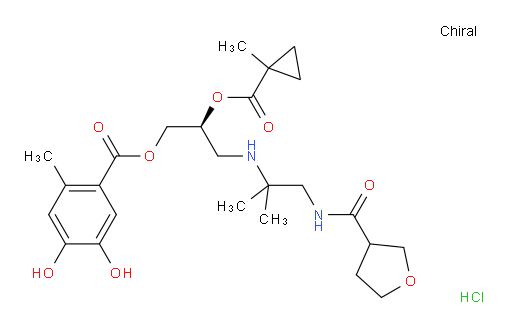 Benzoic acid, 4,5-dihydroxy-2-methyl-, (2S)-3-[[1,1-dimethyl-2-[[(tetrahydro-3-furanyl)carbonyl]amino]ethyl]amino]-2-[[(1-methylcyclopropyl)carbonyl]oxy]propyl ester, hydrochloride (1:1) (ACI)