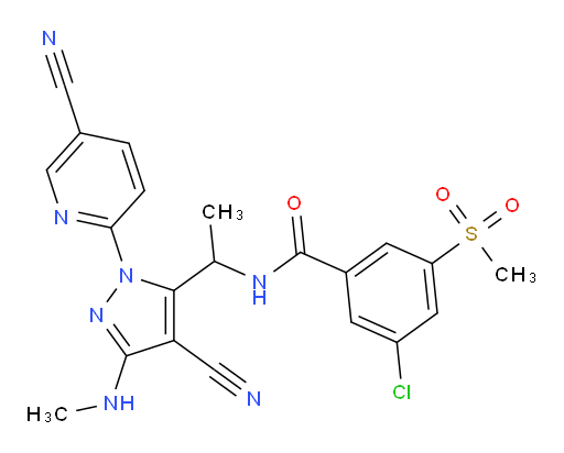 3-chloro-N-(1-(4-cyano-1-(5-cyanopyridin-2-yl)-3-(methylamino)-1H-pyrazol-5-yl)ethyl)-5-(methylsulfonyl)benzamide