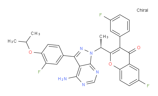 2-[(1R)-1-[4-Amino-3-[3-fluoro-4-(1-methylethoxy)phenyl]-1H-pyrazolo[3,4-d]pyrimidin-1-yl]ethyl]-6-fluoro-3-(3-fluorophenyl)-4H-1-benzopyran-4-one (ACI)