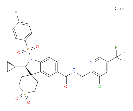 Spiro[3H-indole-3,4′-[4H]thiopyran]-5-carboxamide, N-[[3-chloro-5-(trifluoromethyl)-2-pyridinyl]methyl]-2-cyclopropyl-1-[(4-fluorophenyl)sulfonyl]-1,2,2′,3′,5′,6′-hexahydro-, 1′,1′-dioxide, (2R)- (ACI)