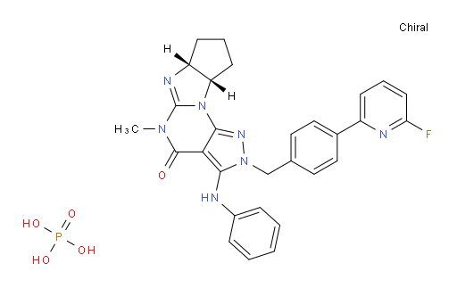 Cyclopent[4,5]imidazo[1,2-a]pyrazolo[4,3-e]pyrimidin-4(2H)-one, 2-[[4-(6-fluoro-2-pyridinyl)phenyl]methyl]-5,6a,7,8,9,9a-hexahydro-5-methyl-3-(phenylamino)-, (6aR,9aS)-, phosphate (1:1) (ACI)