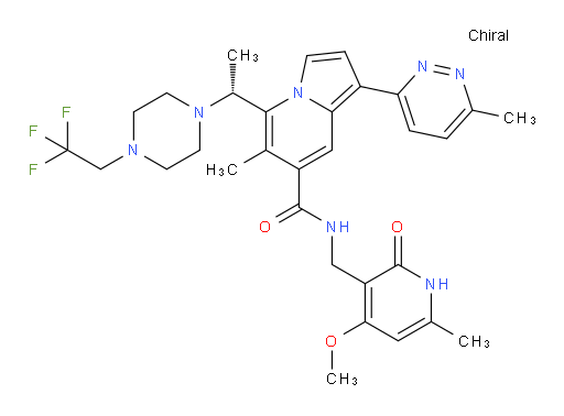 N-[(1,2-Dihydro-4-methoxy-6-methyl-2-oxo-3-pyridinyl)methyl]-6-methyl-1-(6-methyl-3-pyridazinyl)-5-[(1R)-1-[4-(2,2,2-trifluoroethyl)-1-piperazinyl]ethyl]-7-indolizinecarboxamide (ACI)