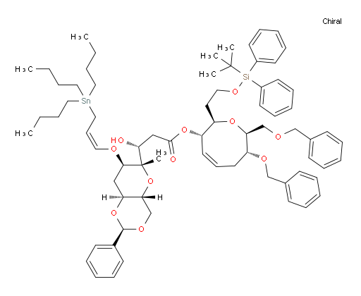 (R)-(2R,3S,7R,8S,Z)-7-(benzyloxy)-8-((benzyloxy)methyl)-2-(2-((tert-butyldiphenylsilyl)oxy)ethyl)-3,6,7,8-tetrahydro-2H-oxocin-3-yl 3-hydroxy-3-((2R,4aR,6S,7R,8aS)-6-methyl-2-phenyl-7-(((Z)-3-(tributylstannyl)prop-1-en-1-yl)oxy)hexahydropyrano[3,2-d][1,3]dioxin-6-yl)propanoate