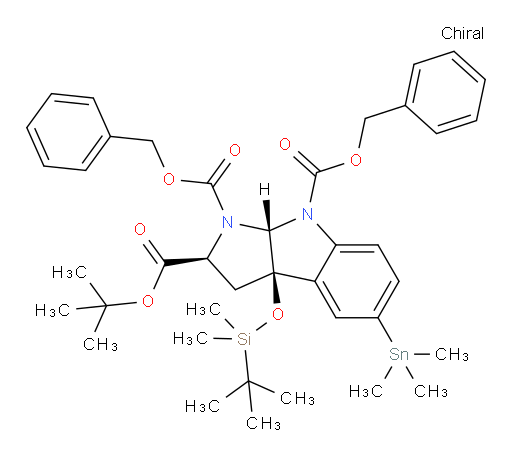 (2S,3aR,8aR)-1,8-dibenzyl 2-tert-butyl 3a-((tert-butyldimethylsilyl)oxy)-5-(trimethylstannyl)-3,3a-dihydropyrrolo[2,3-b]indole-1,2,8(2H,8aH)-tricarboxylate