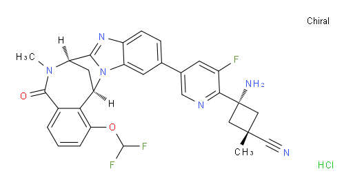cis-3-amino-3-[5-[(7R,14R)-1-(difluoromethoxy)-5,6,7,14-tetrahydro-6-methyl-5-oxo-7,14-methanobenzimidazo[1,2-b][2,5]benzodiazocin-11-yl]-3-fluoropyridin-2-yl]-1-methylcyclobutane-carbonitrile HCl