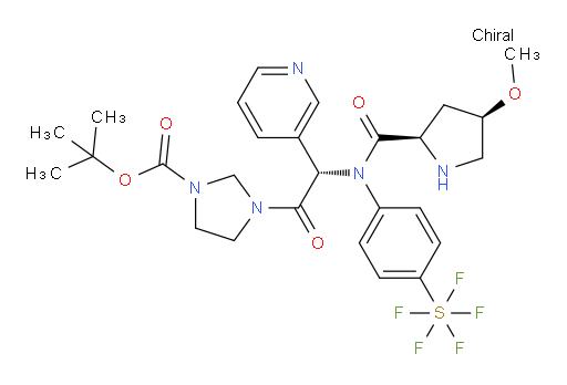 Sulfur, [4-[[(1S)-2-[3-[(1,1-dimethylethoxy)carbonyl]-1-imidazolidinyl]-2-oxo-1-(3-pyridinyl)ethyl][[(2R,4R)-4-methoxy-2-pyrrolidinyl]carbonyl]amino]phenyl]pentafluoro-, (OC-6-21)- (ACI)