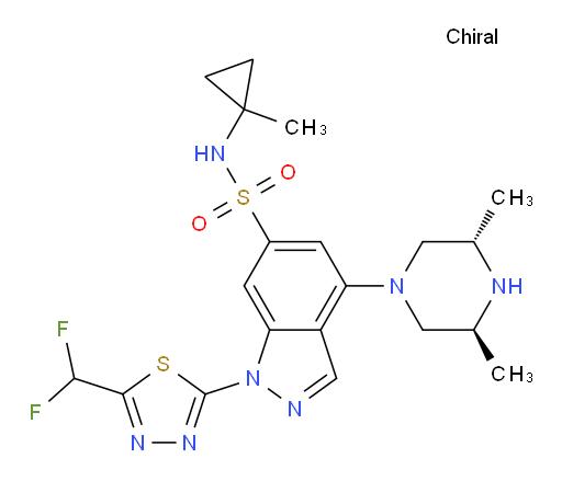 1H-Indazole-6-sulfonamide, 1-[5-(difluoromethyl)-1,3,4-thiadiazol-2-yl]-4-[(3S,5S)-3,5-dimethyl-1-piperazinyl]-N-(1-methylcyclopropyl)- (ACI)