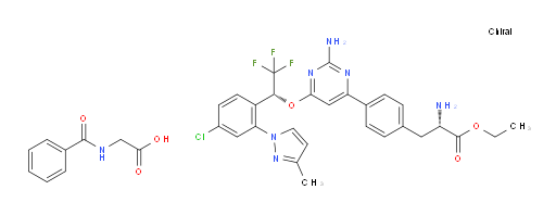 L-Phenylalanine, 4-[2-amino-6-[(1R)-1-[4-chloro-2-(3-methyl-1H-pyrazol-1-yl)phenyl]-2,2,2-trifluoroethoxy]-4-pyrimidinyl]-, ethyl ester, compd. with N-benzoylglycine (1:1) (ACI)