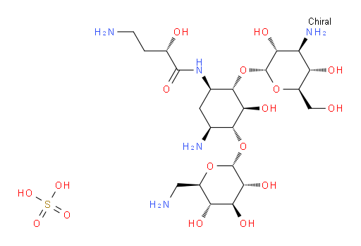 (S)-4-amino-N-((1R,2S,3S,4R,5S)-5-amino-2-(((2S,3R,4S,5S,6R)-4-amino-3,5-dihydroxy-6-(hydroxymethyl)tetrahydro-2H-pyran-2-yl)oxy)-4-(((2R,3R,4S,5S,6R)-6-(aminomethyl)-3,4,5-trihydroxytetrahydro-2H-pyran-2-yl)oxy)-3-hydroxycyclohexyl)-2-hydroxybutanamide sulfate