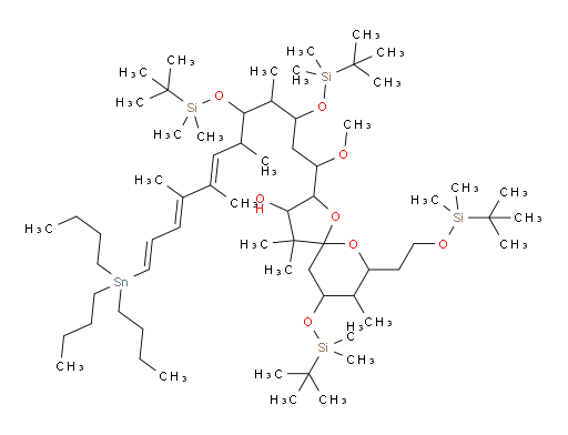 2-((7E,9E,11E)-3,5-bis((tert-butyldimethylsilyl)oxy)-1-methoxy-4,6,8,9-tetramethyl-12-(tributylstannyl)dodeca-7,9,11-trien-1-yl)-9-((tert-butyldimethylsilyl)oxy)-7-(2-((tert-butyldimethylsilyl)oxy)ethyl)-4,4,8-trimethyl-1,6-dioxaspiro[4.5]decan-3-ol
