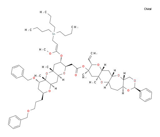 (2R,4aR,5aS,6aR,8S,9R,10aS,11aR,13aS)-9,10a-dimethyl-2-phenyl-8-vinyldodecahydro-4H-[1,3]dioxino[5,4-b]pyrano[2',3':5,6]pyrano[2,3-f]oxepin-9-yl 2-((2R,3S,4aR,5aS,6S,8S,9aR,10aS)-6-(benzyloxy)-8-(3-(benzyloxy)propyl)-3-(((E)-1-methoxy-3-(tributylstannyl)prop-1-en-1-yl)oxy)-4a,5a-dimethyldecahydro-2H-dipyrano[3,2-b:2',3'-e]pyran-2-yl)acetate