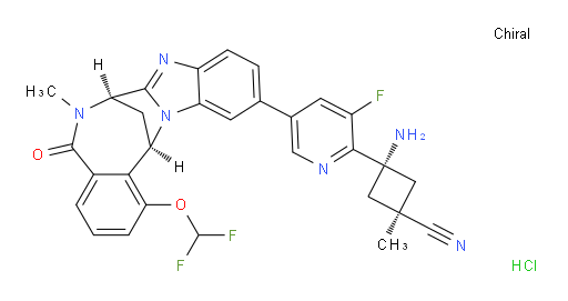 trans-3-amino-3-[5-[(7R,14R)-1-(difluoromethoxy)-5,6,7,14-tetrahydro-6-methyl-5-oxo-7,14-methanobenzimidazo[1,2-b][2,5]benzodiazocin-11-yl]-3-fluoropyridin-2-yl]-1-methylcyclobutane-carbonitrile HCl