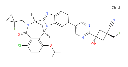 trans-3-[5-[(7R,14R)-4-chloro-1-(difluoromethoxy)-6-[(1-fluoro-cyclopropyl)methyl]-5,6,7,14-tetrahydro-5-oxo-7,14-methanobenzimidazo[1,2-b][2,5]benzodiazocin-11-yl]pyrimidin-2-yl]-1-(fluoromethyl)-3-hydroxy-Cyclobutane-carbonitrile