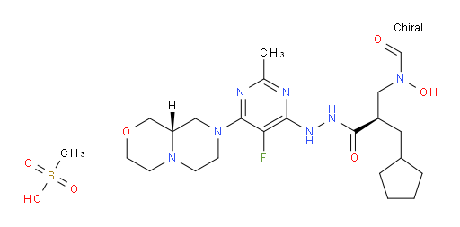 Cyclopentanepropanoic acid, α-[(formylhydroxyamino)methyl]-, (αR)-, 2-[5-fluoro-6-[(9aS)-hexahydropyrazino[2,1-c][1,4]oxazin-8(1H)-yl]-2-methyl-4-pyrimidinyl]hydrazide, methanesulfonate (1:1) (ACI)
