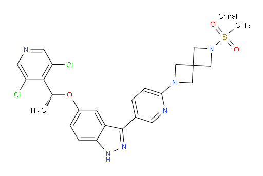 2-[5-[5-[(1R)-1-(3,5-Dichloro-4-pyridinyl)ethoxy]-1H-indazol-3-yl]-2-pyridinyl]-6-(methylsulfonyl)-2,6-diazaspiro[3.3]heptane (ACI)