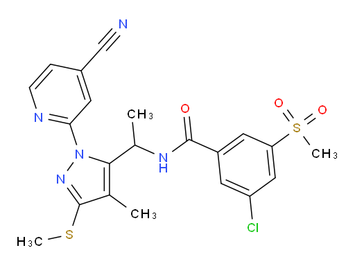 3-chloro-N-(1-(1-(4-cyanopyridin-2-yl)-4-methyl-3-(methylthio)-1H-pyrazol-5-yl)ethyl)-5-(methylsulfonyl)benzamide