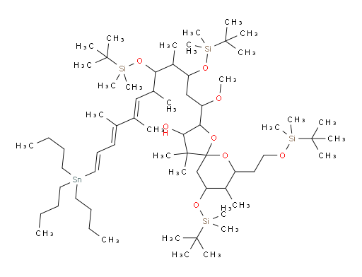 2-((7E,9E,11E)-3,5-bis((tert-butyldimethylsilyl)oxy)-1-methoxy-4,6,8,9-tetramethyl-12-(tributylstannyl)dodeca-7,9,11-trien-1-yl)-9-((tert-butyldimethylsilyl)oxy)-7-(2-((tert-butyldimethylsilyl)oxy)ethyl)-4,4,8-trimethyl-1,6-dioxaspiro[4.5]decan-3-ol