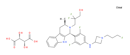 2H-Pyrido[3,4-b]indole-2-propanol, 1-[2,6-difluoro-4-[[1-(3-fluoropropyl)-3-azetidinyl]amino]phenyl]-β,β-difluoro-1,3,4,9-tetrahydro-3-methyl-, (1R,3R)-, (2R,3R)-2,3-dihydroxybutanedioate (1:1) (ACI)